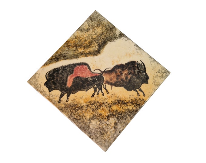Prehistoric Bison Cave Painting Reproduction Ceramic Tile by Andre Quiron, French Hand Painted Lascaux Cave Souvenir