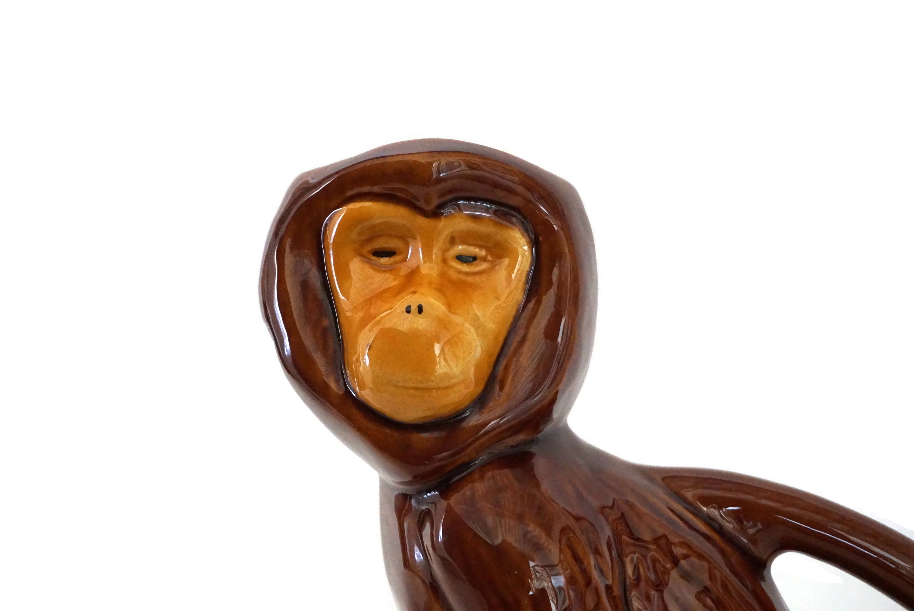 French Majolica Monkey Pitcher, Figural Pottery Animal Water Jug