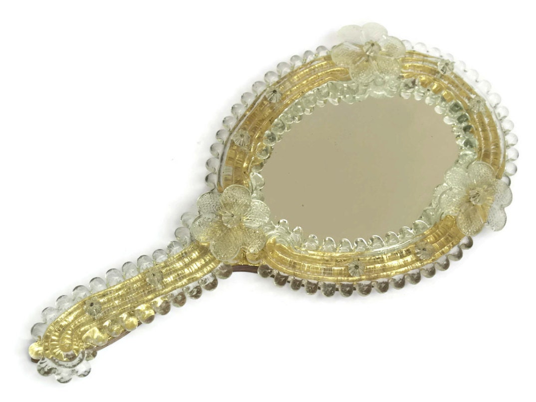 Glass Vanity Mirror. Vintage Murano Glass Hand Mirror. Glass