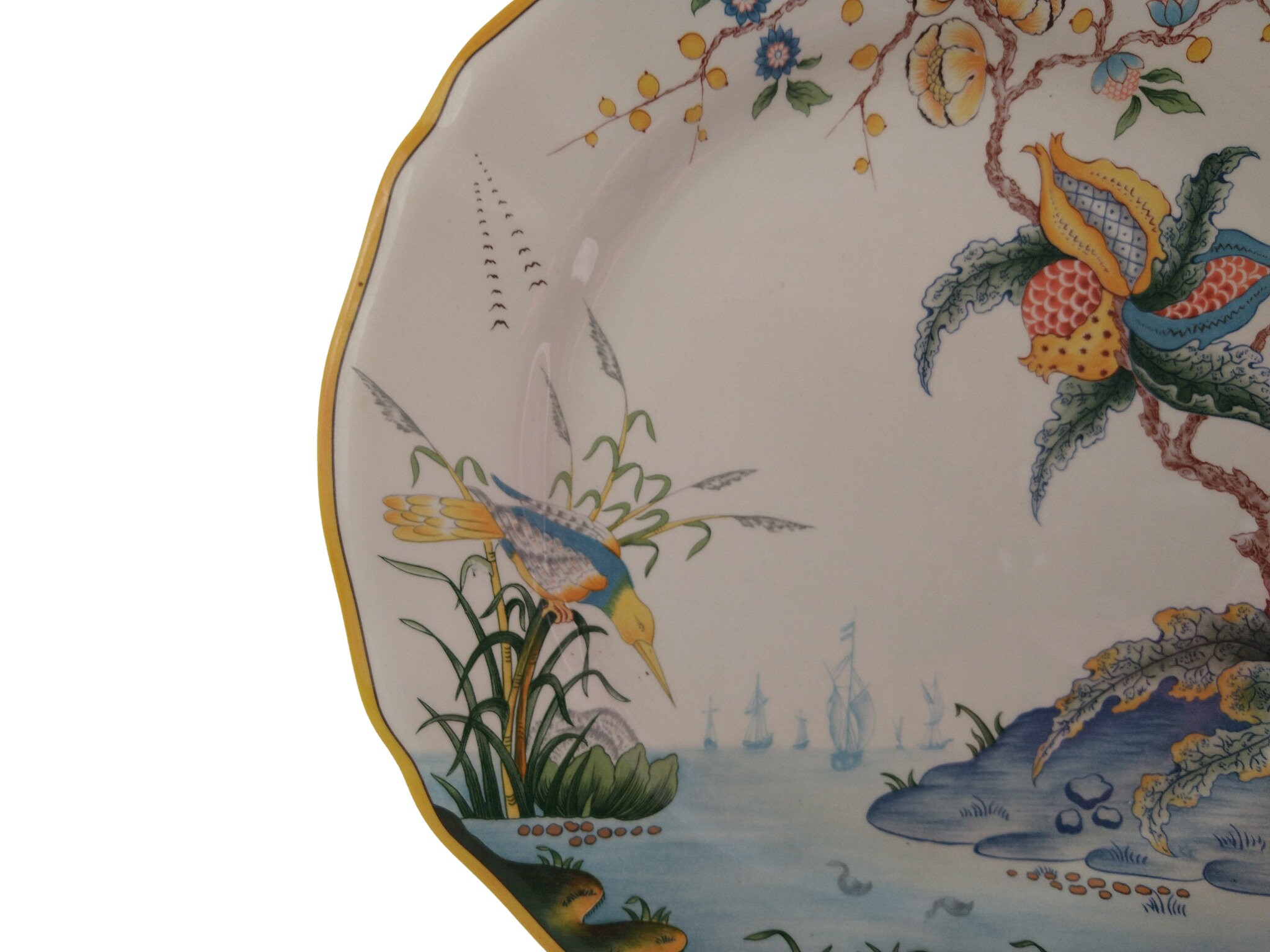 Vintage French Dinner Plate by Gien, Carabbean Pattern With Birds on