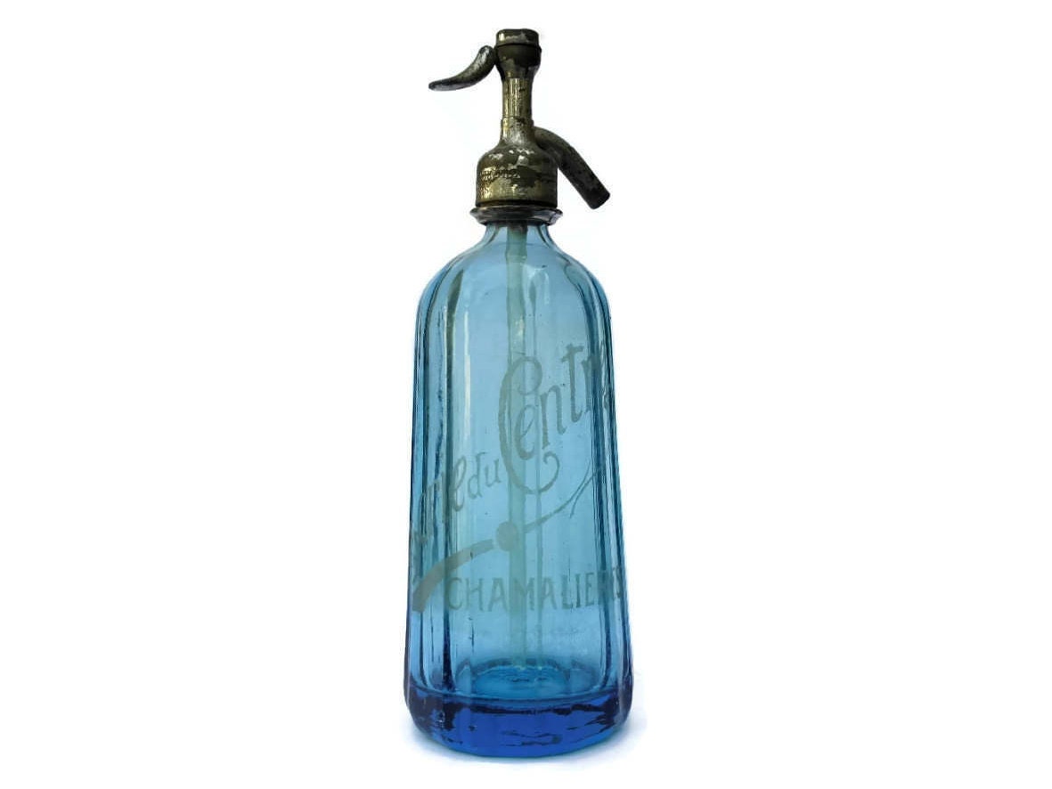 Antique French Blue Glass Soda Seltzer Bottle.