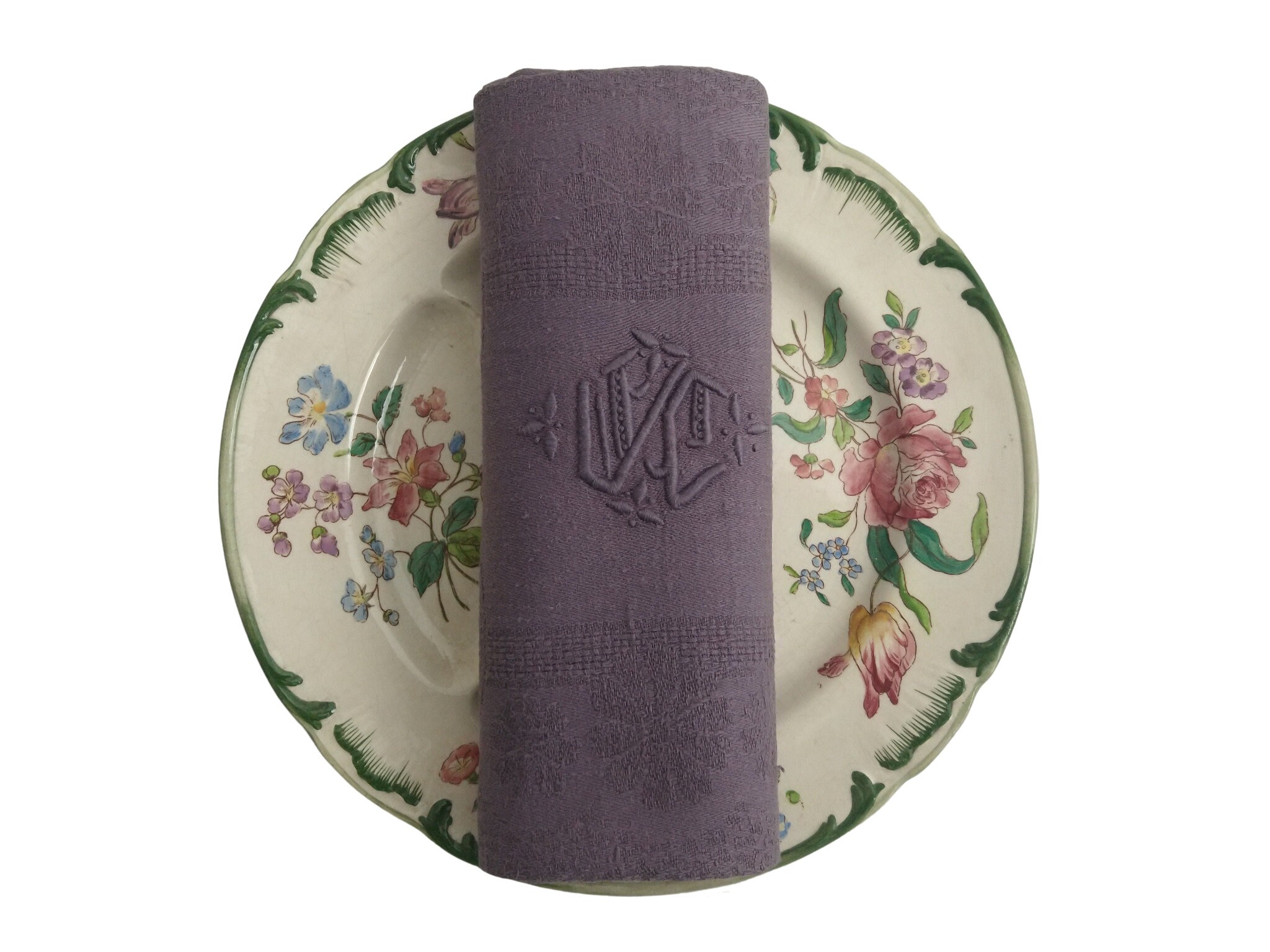 Antique French Linen Napkins, Set of 4, Lilac Monogram Serviettes with