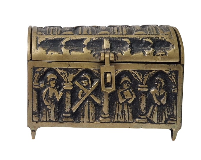 French Brass Gothic Jewelry Chest, Medieval Style Casket with Monks