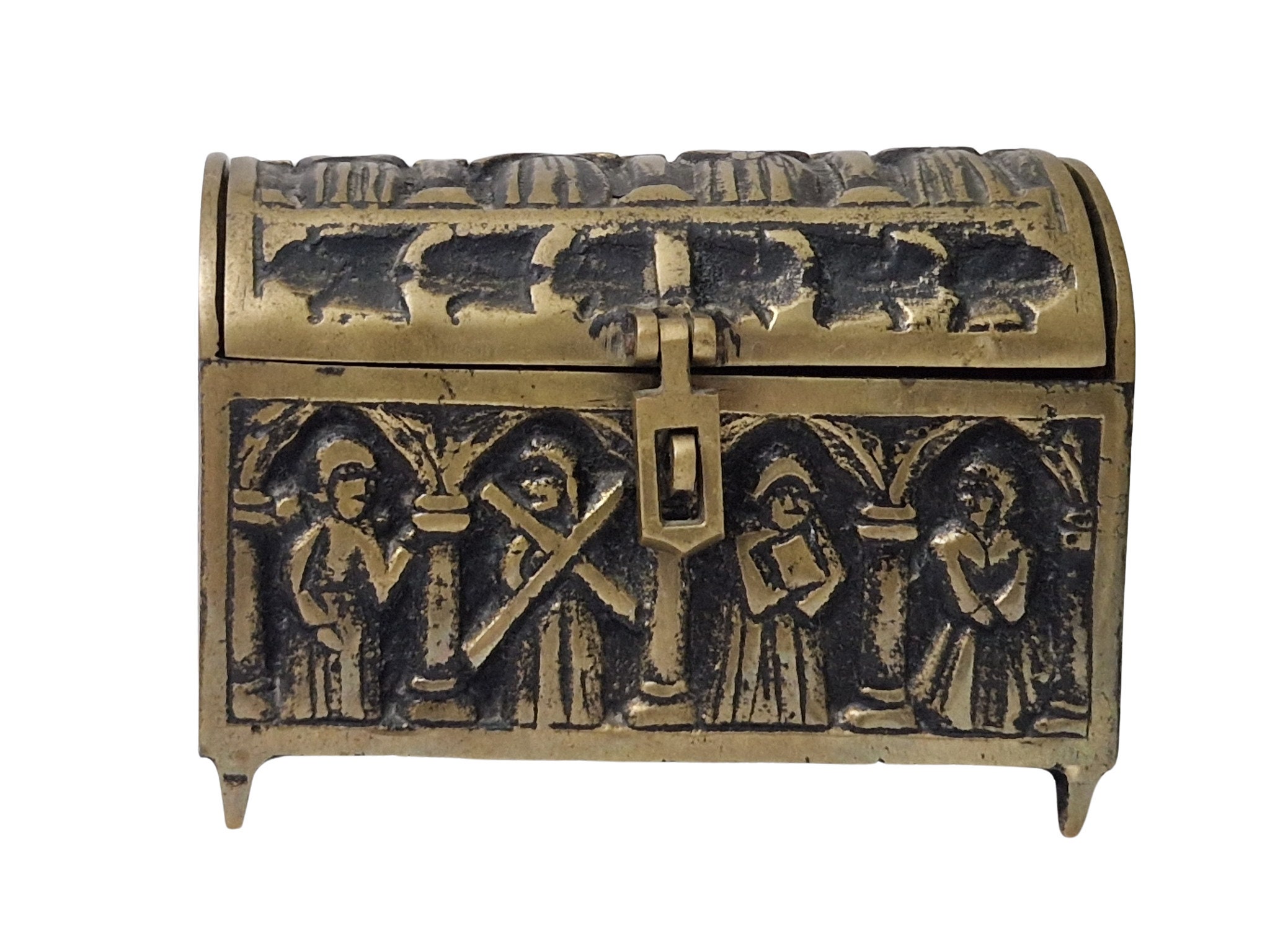 French Brass Gothic Jewelry Chest, Medieval Style Casket with Monks