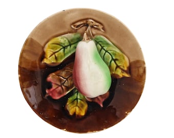 Orchies Ceramic Pear and Leaf Majolica Plate, Antique French Fruit Palissy Dish