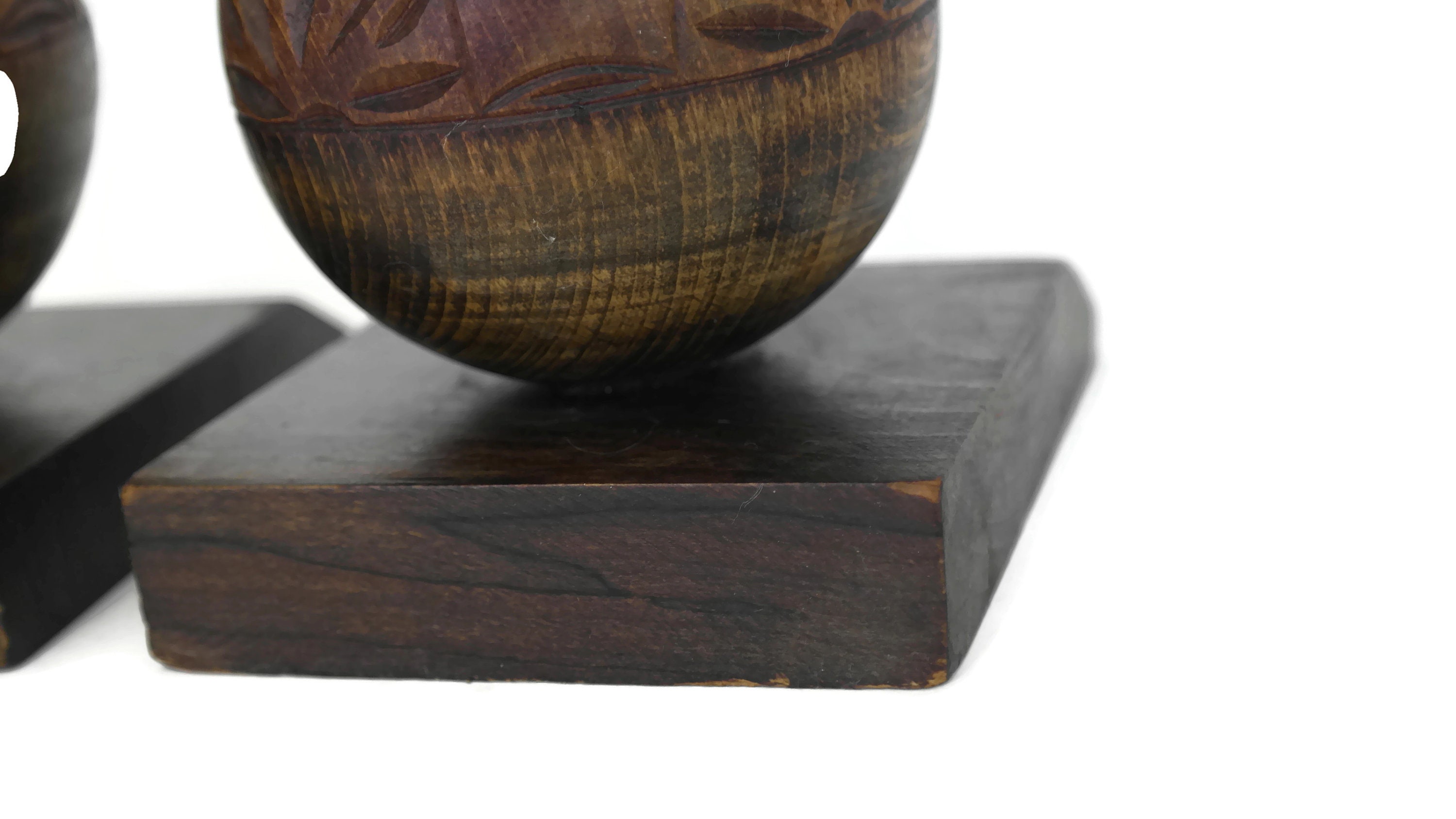 Hand Carved Wood Ball Bookends, French Art Deco Wooden Spheres with