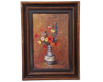 Poppy and Wild Flower Still Life Painting, Mid Century Floral Bouquet in Ceramic Vase Wall Art, French Country Home Decor