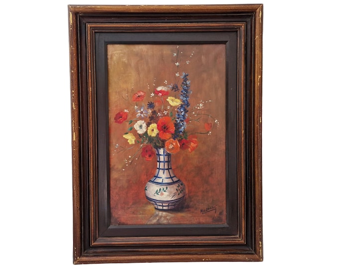 Poppy and Wild Flower Still Life Painting, Mid Century Floral Bouquet in Ceramic Vase Wall Art, French Country Home Decor