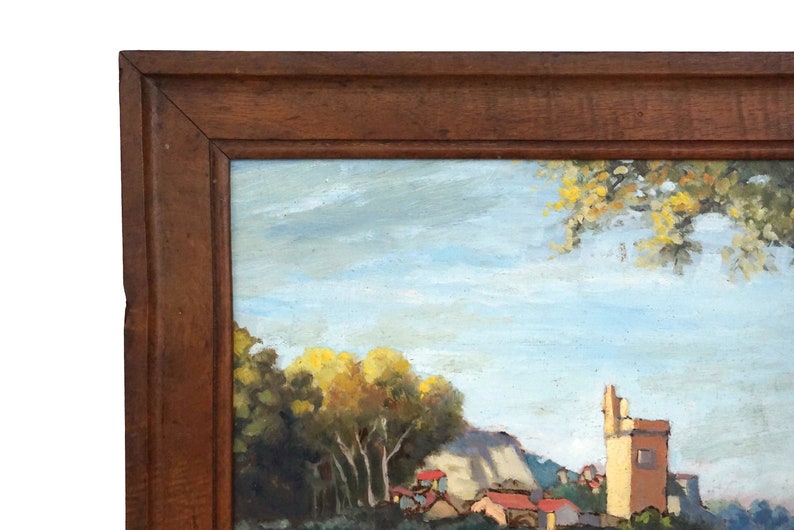 Vintage French River Landscape Painting with Tower and Fortress