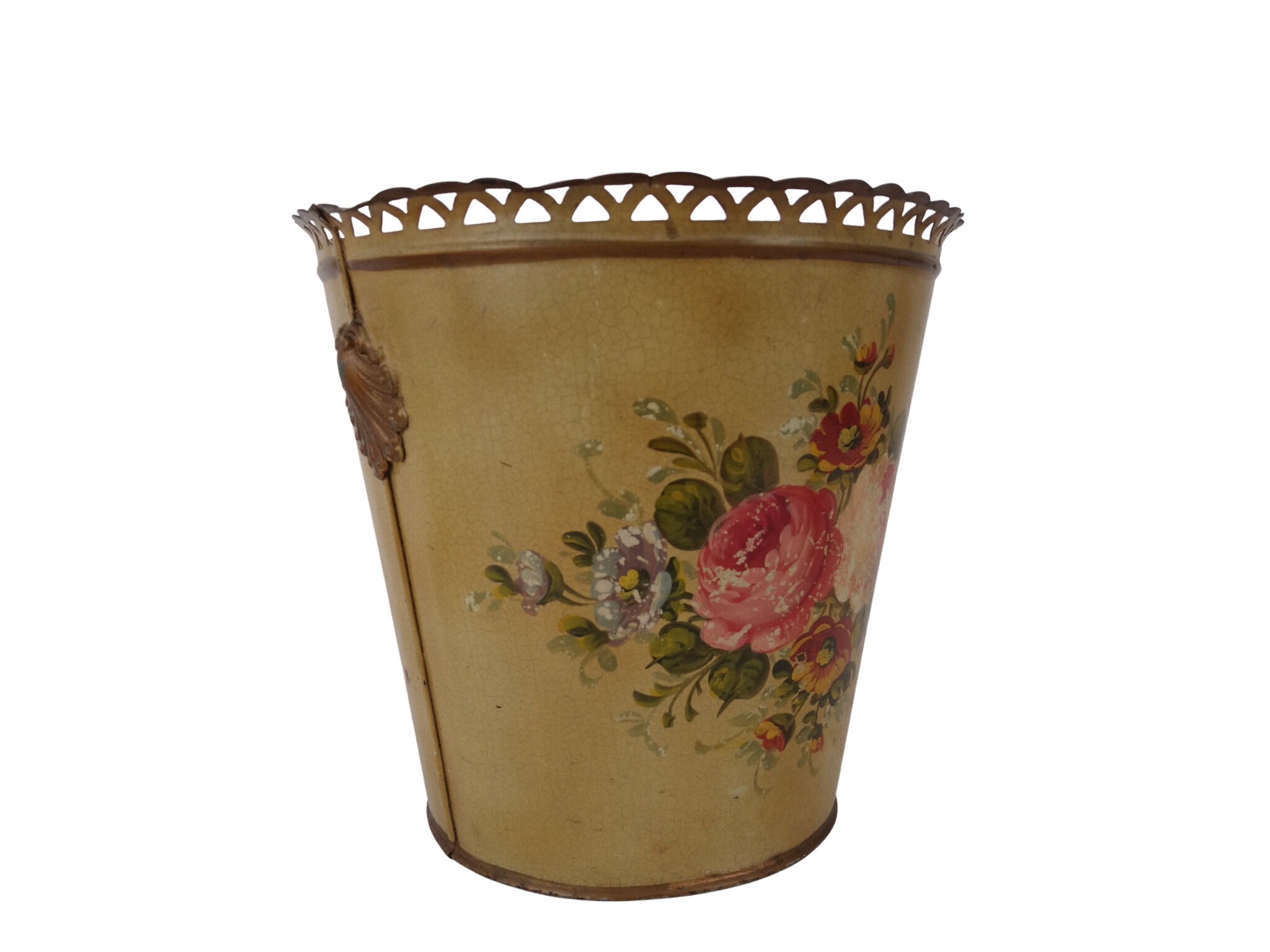 Antique French Tole Waste Basket, Hand Painted Flower Wastepaper Trash