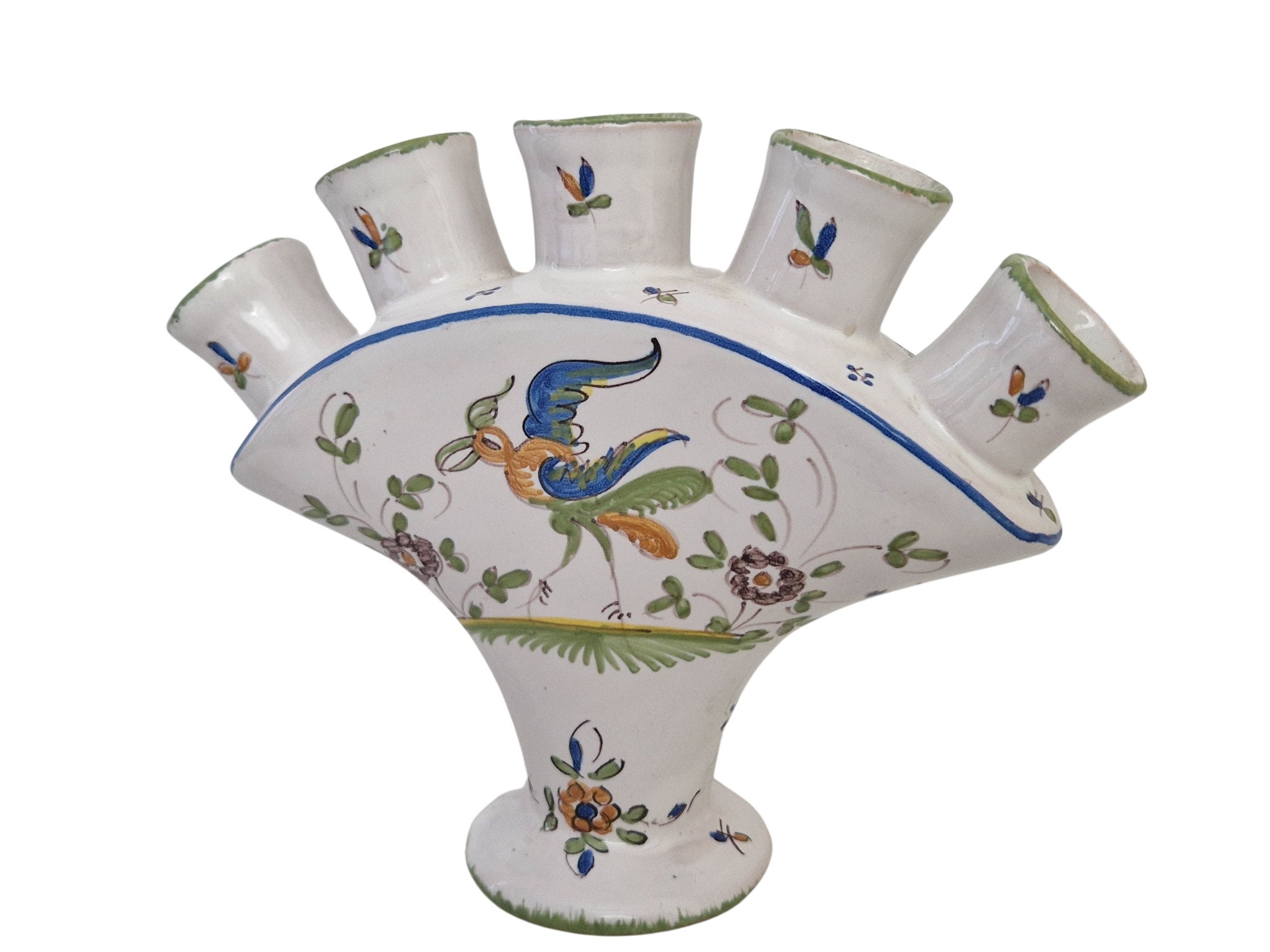 French Moustiers Ceramic Tulip Vase, Hand Painted Pottery Flower Holder