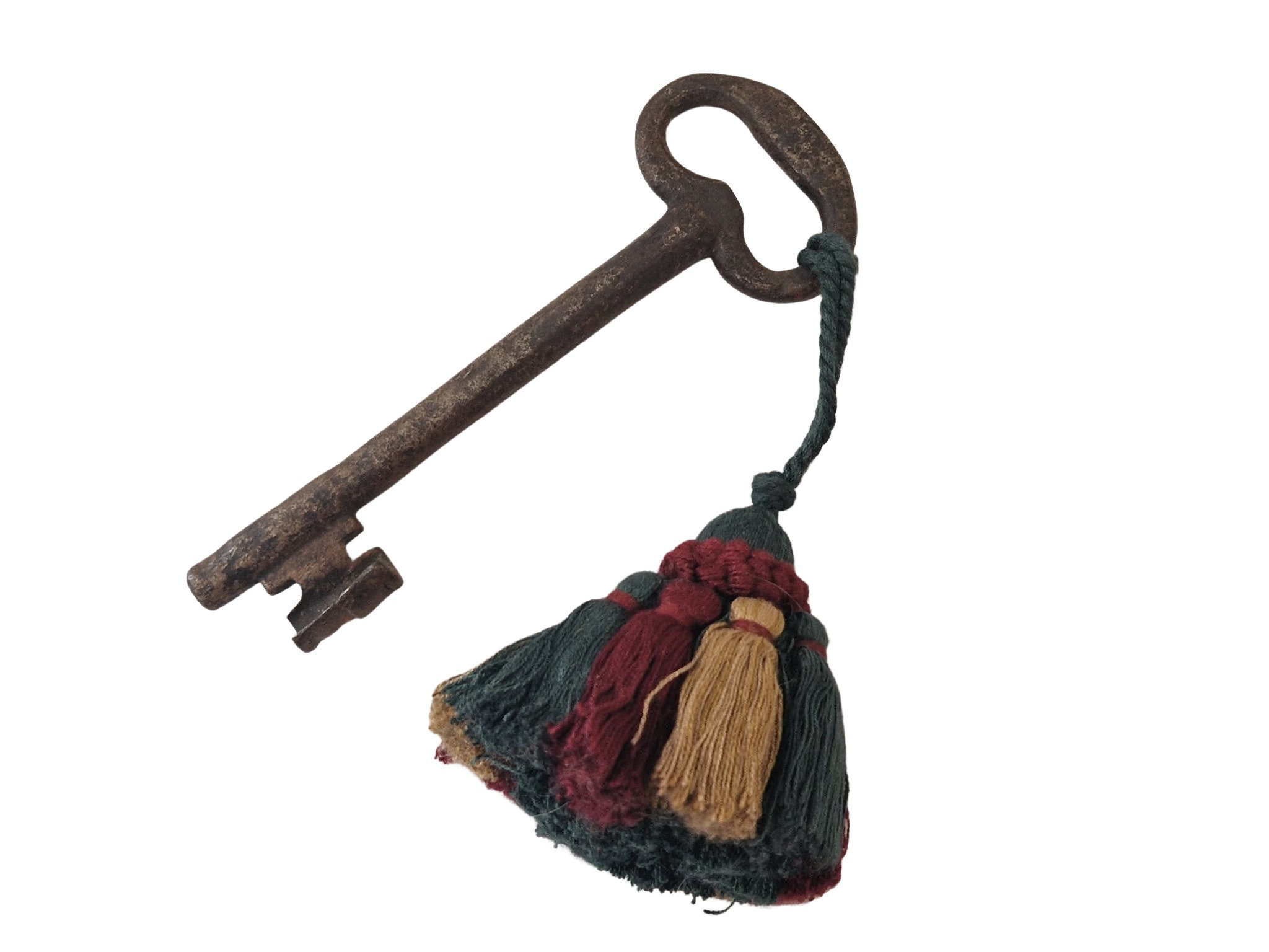 Old Skeleton Key and Tassel, Decorative Rustic French Antique Home Decor