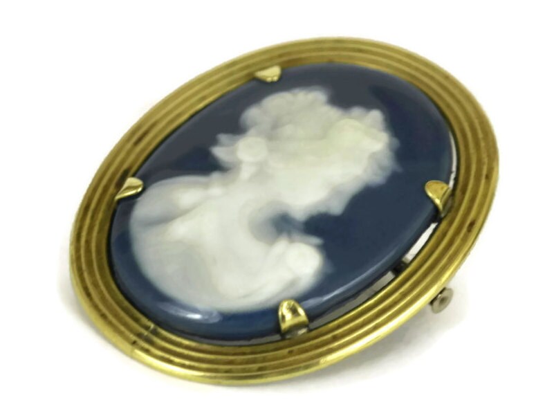 Limoges Porcelain Cameo Brooch. Vintage Brass and French Blue and White