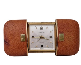 Lancel 7 jewels Travel Alarm Clock with Leather and Brass Sliding Case, Luxury Gift for Him