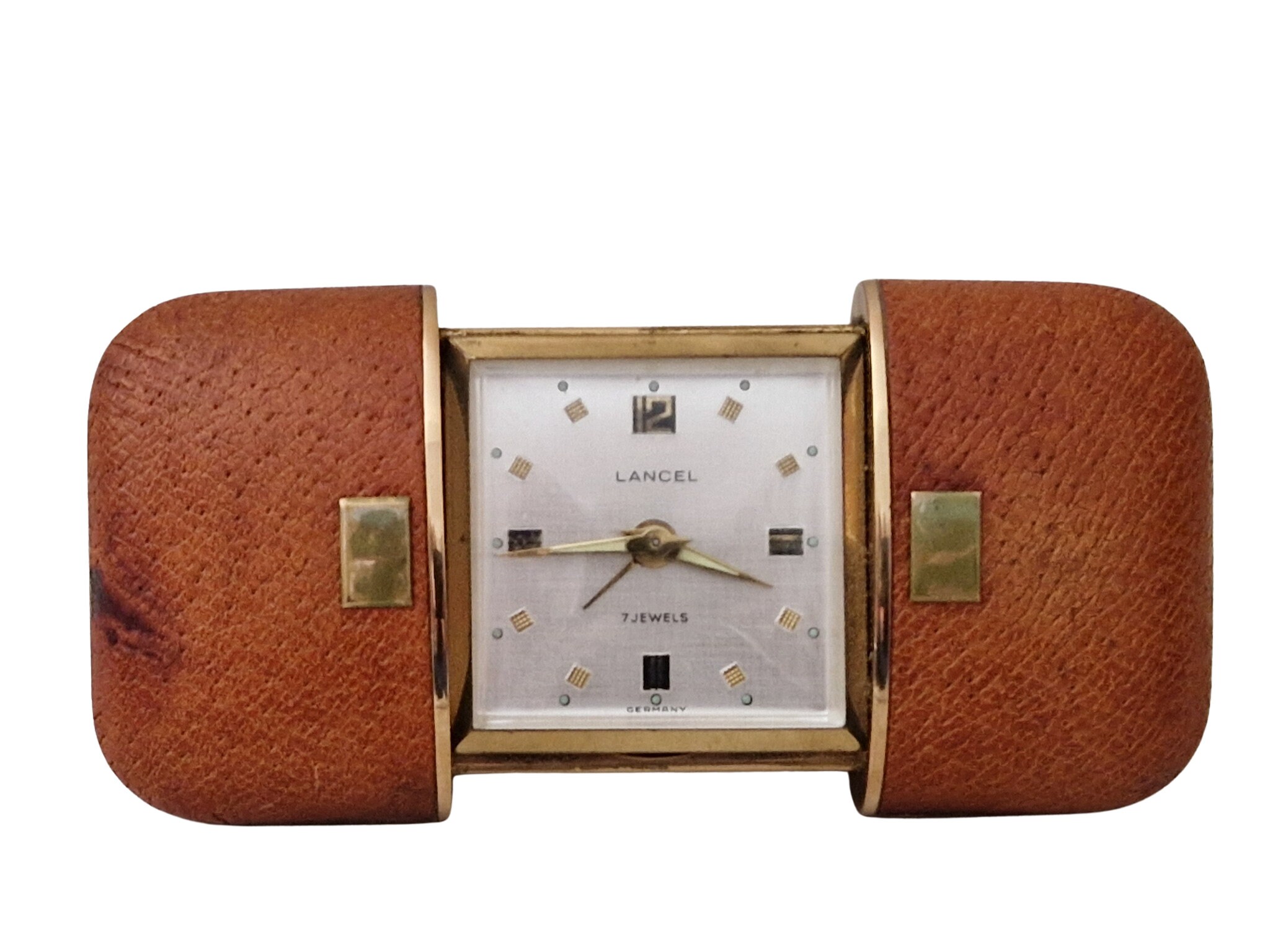 Lancel 7 jewels Travel Alarm Clock with Leather and Brass Sliding Case