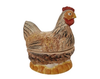 Soupière à poule française par Michel Caugant, figurine vintage de poulet en céramique, cadeau de décoration de cuisine de cottage campagnard