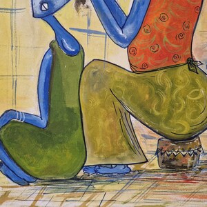 African Mother and Child Painting, Modernist Blue Women Wall Art image 9