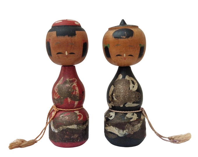 1950s Japanese Kokeshi Dolls Pair, Vintage Hand Painted Wooden Folk Art Figurines