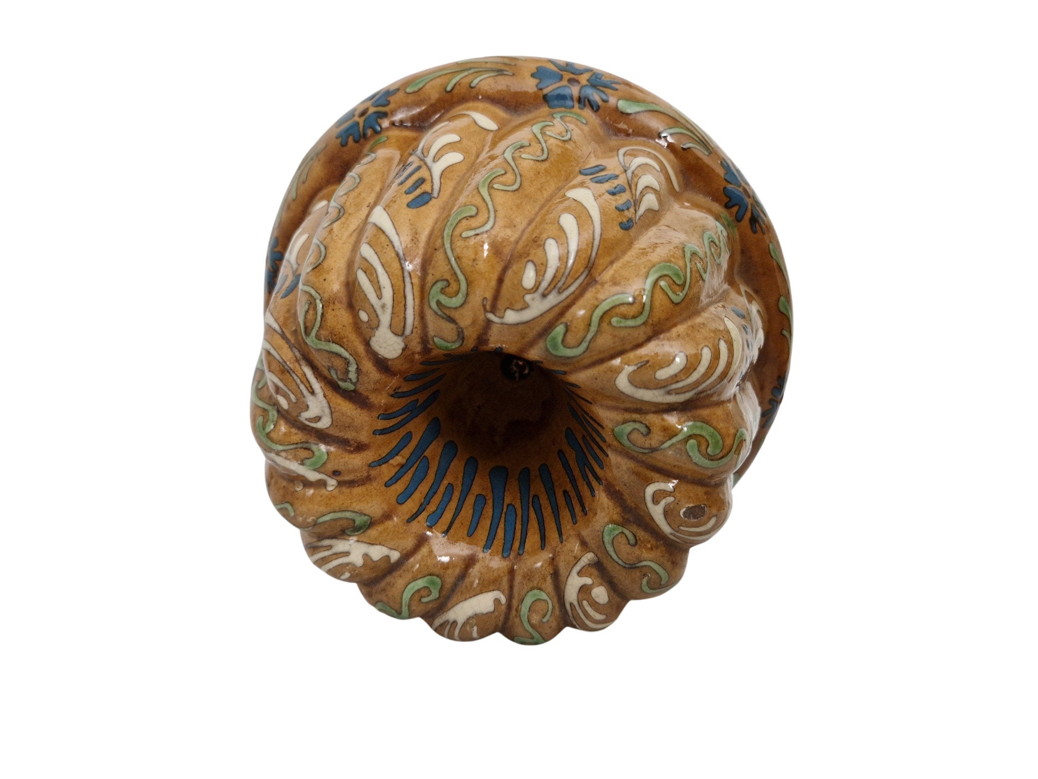 Ceramic Kugelhopf Bundt Pan Cake Mold, Hand Painted French Pottery Baking Mould