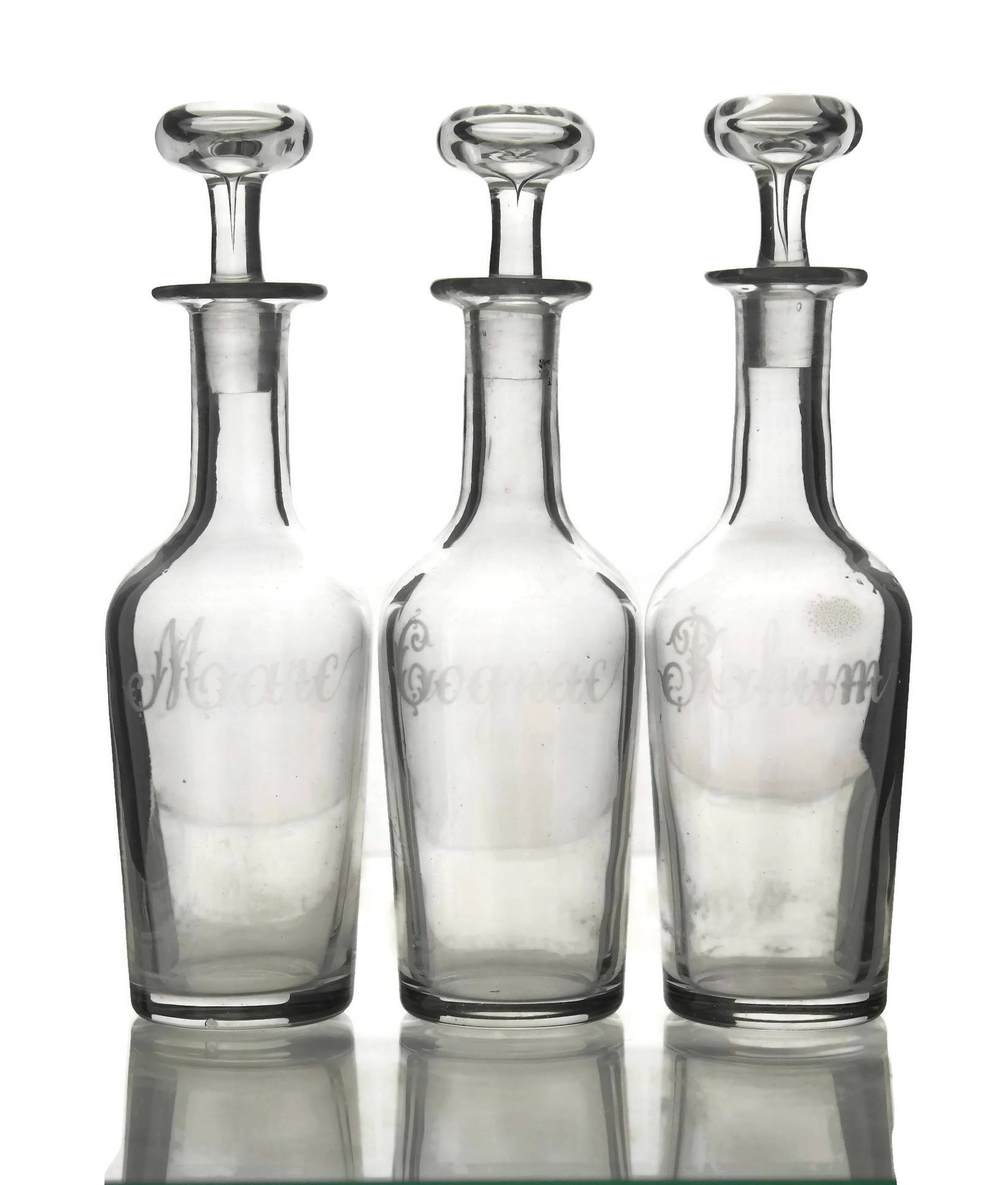 Antique French Liqueur Decanter Set. French Cognac, Rum and Marc Etched