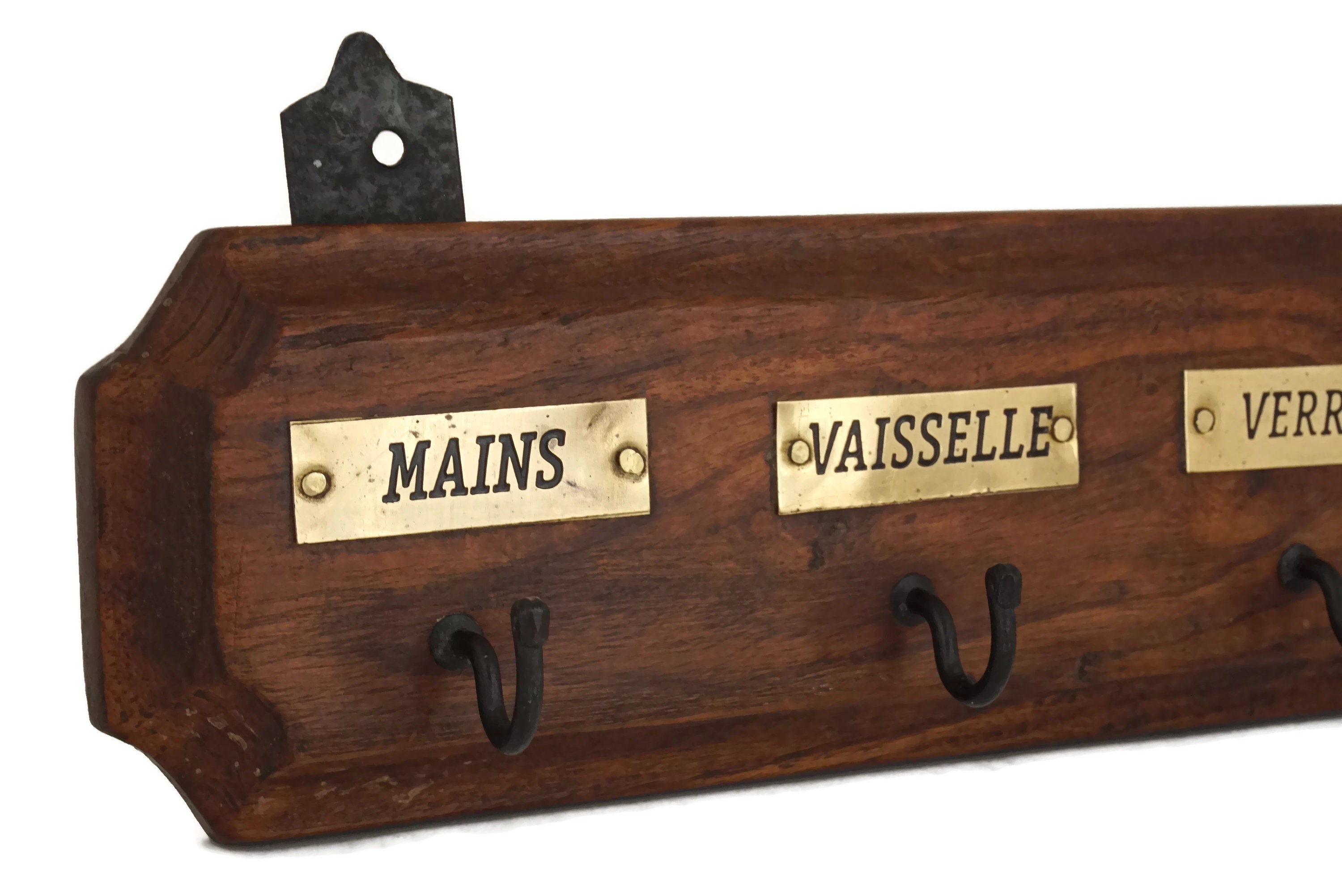 Vintage French Dish Towel Holder, Wood and Brass Kitchen Rack, Country