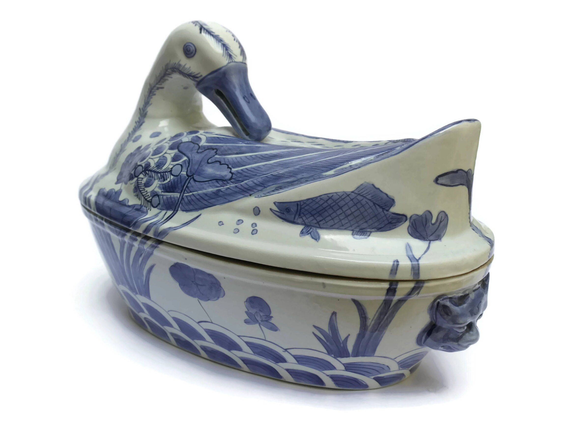 Mid Century Blue and White Chinese Export Porcelain Duck Tureen.