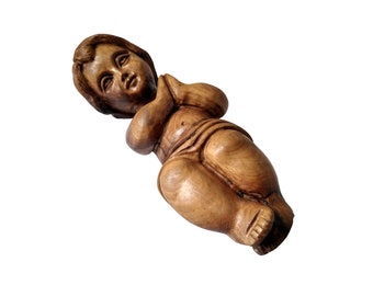 Sculpture de bébé Jésus en bois d'olivier, Souvenir chrétien vintage de Terre Sainte, Statue de la Nativité de Noël