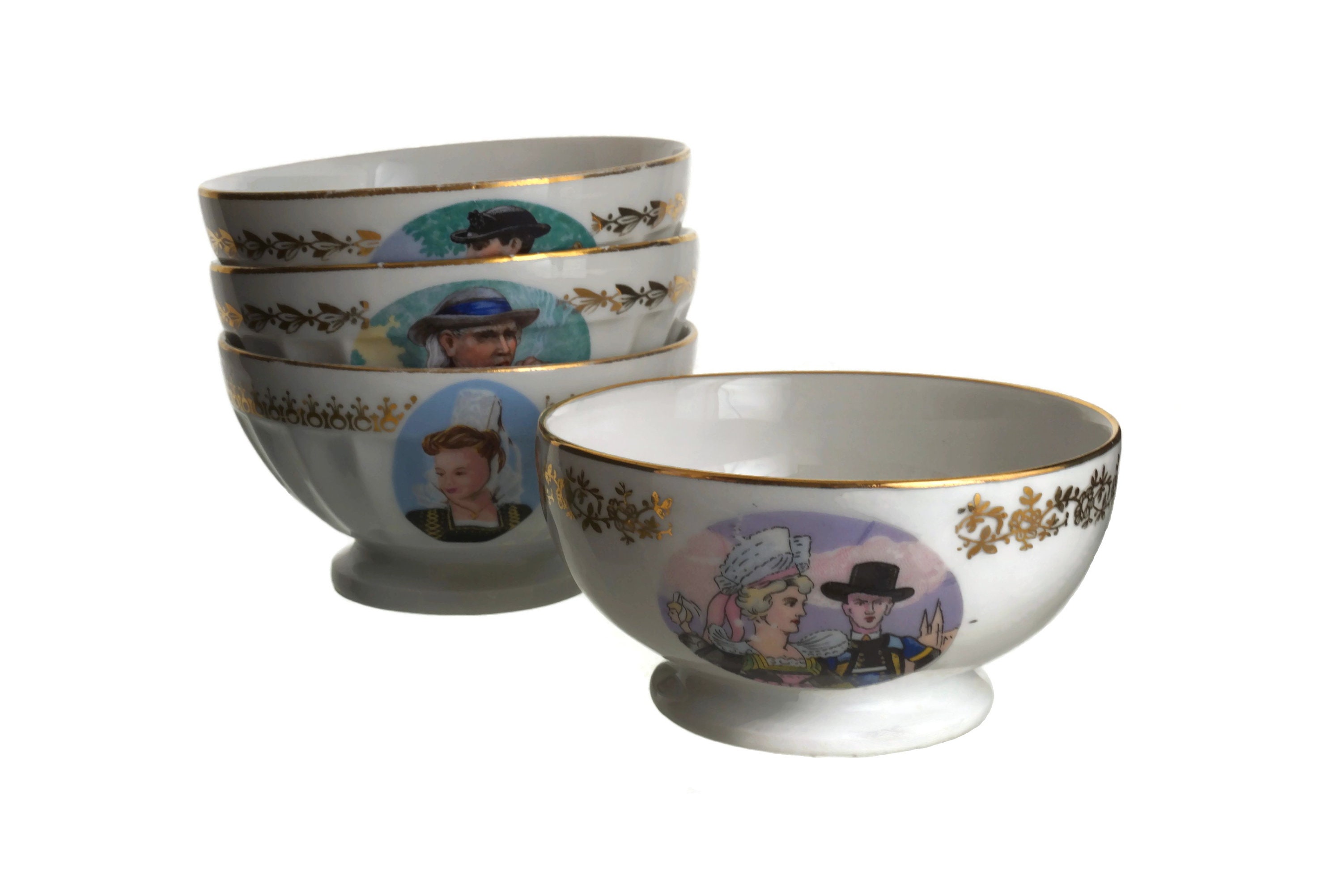 French Cafe au Lait Bowl Set of 4, Limoges Porcelain Breton Souvenir