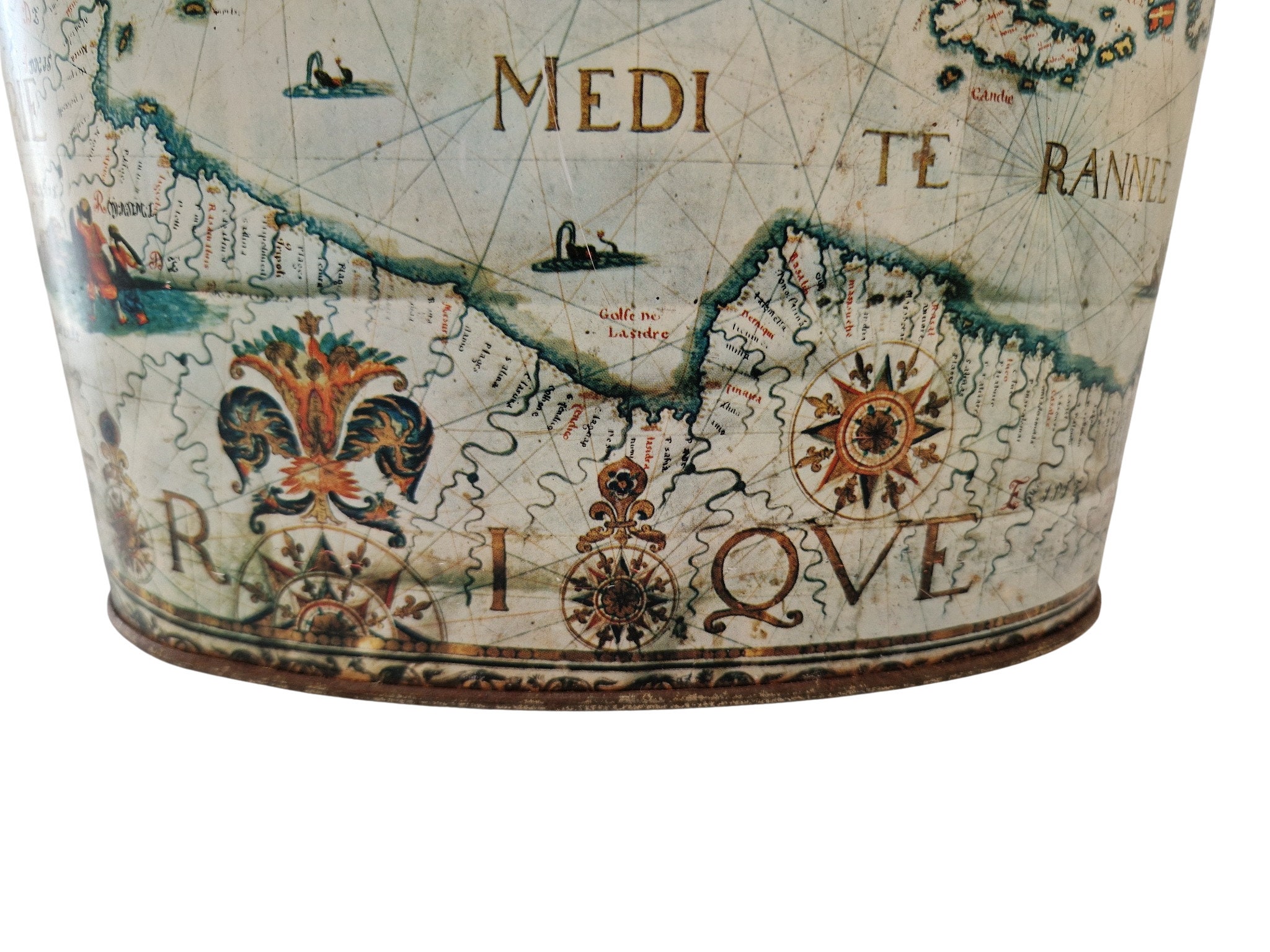 Vintage French Tole Waste Basket with Antique Style Map of Europe by