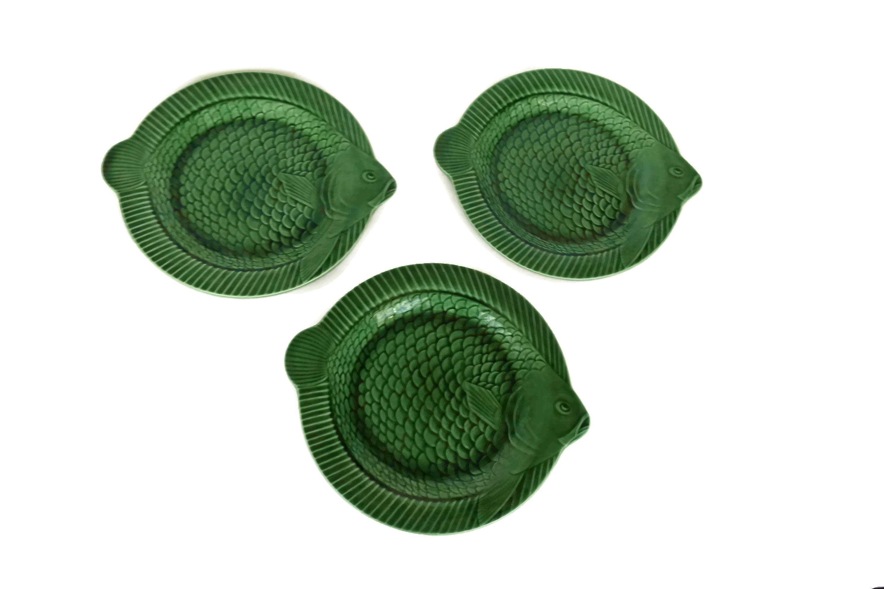 Green Majolica Fish Plate Set of 6. Sarreguemines Vintage French