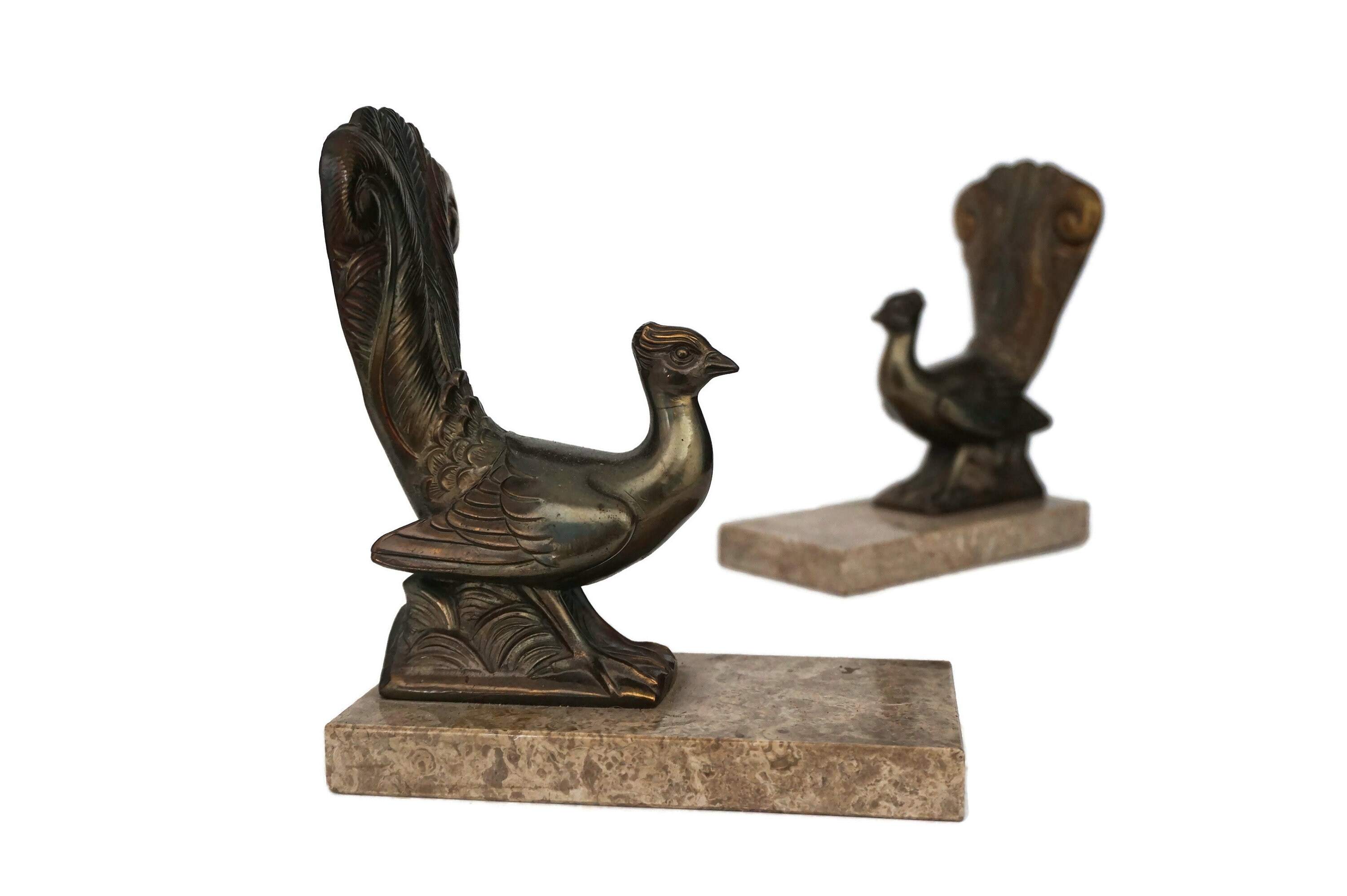 Art Deco Peacock Figurine Bookends, Pair of French Marble and Bird