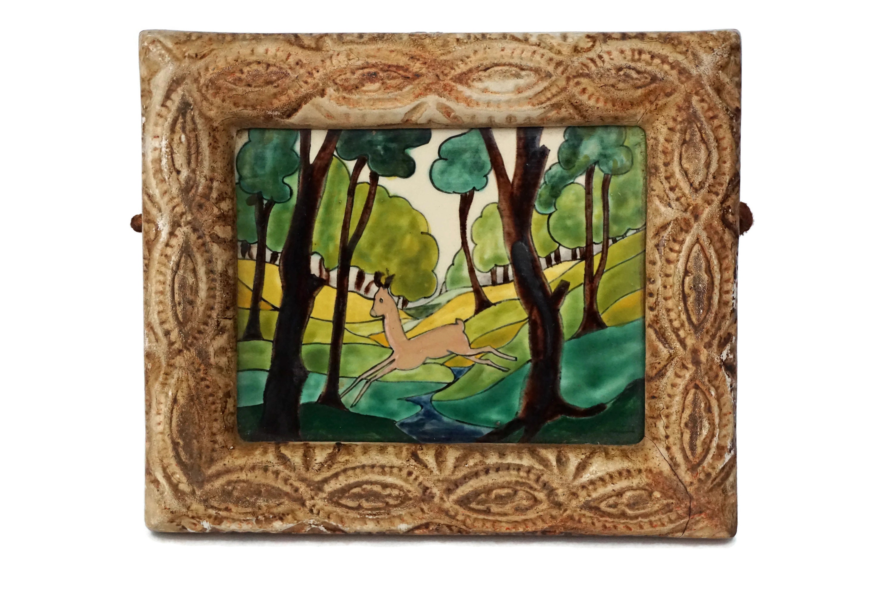 Ceramic Art Deco Deer Wall Hanging Tile, Hand Painted Woodland Gazelle