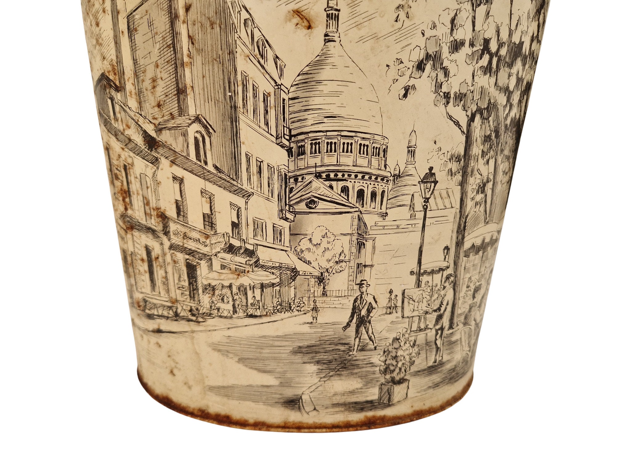 Vintage Shabby French Tole Waste Basket with Montmartre Paris Landscape