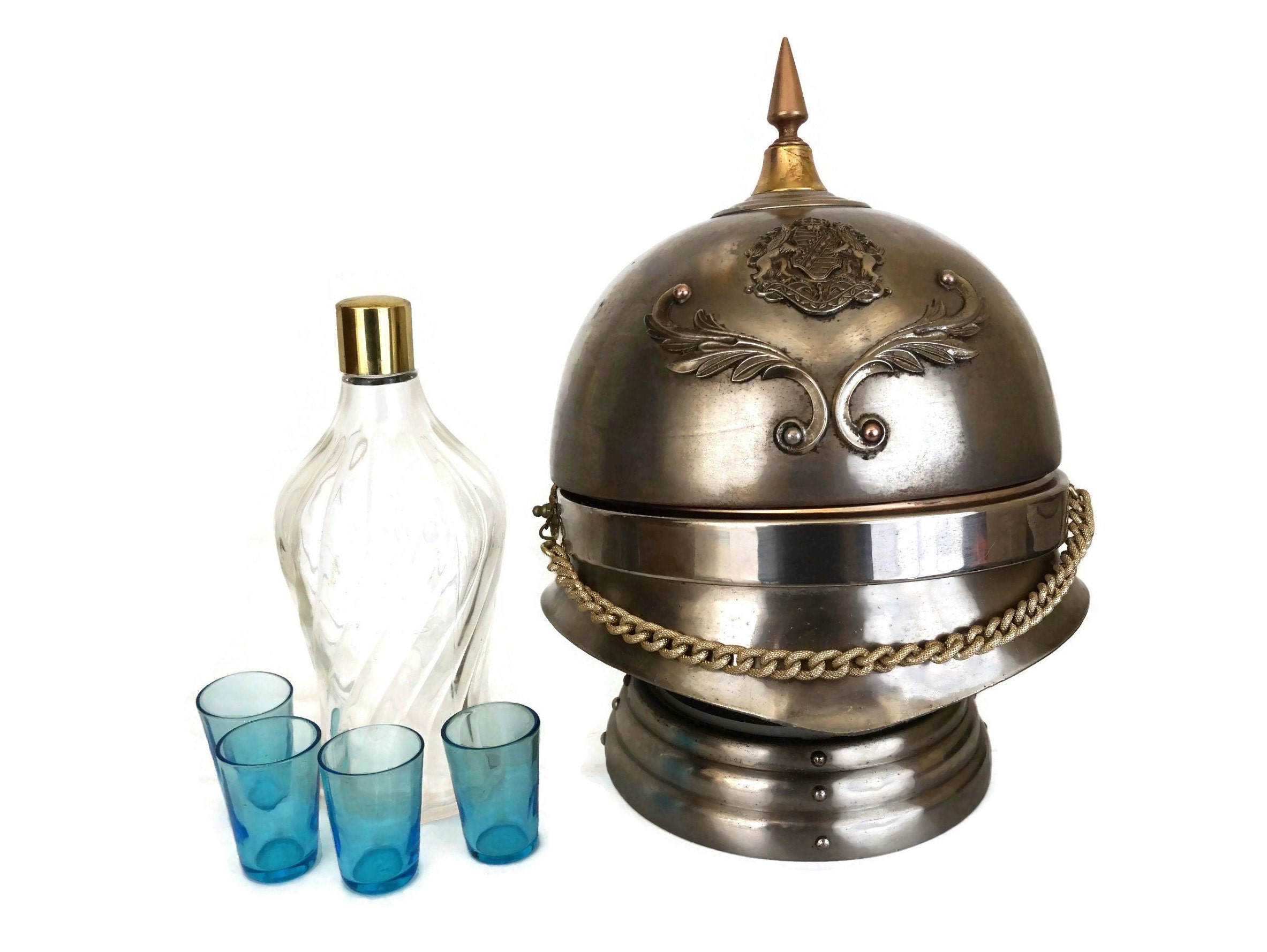 Vintage Prussian Helmet Carafe Decanter, Shot Glass Holder by Lucky