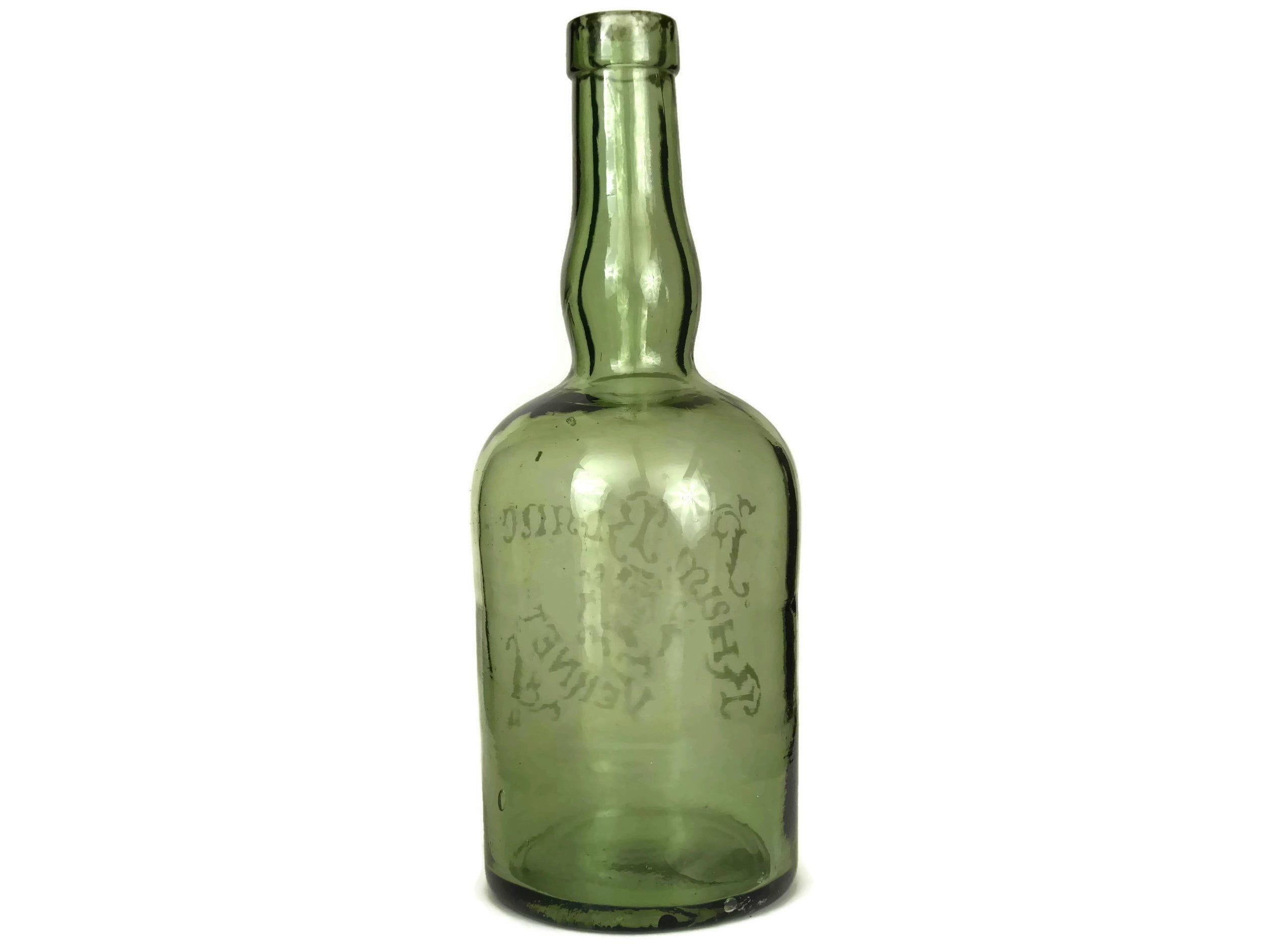 Antique Rum Bottle. Etched Green Glass Rhum Blanc Bottle. French