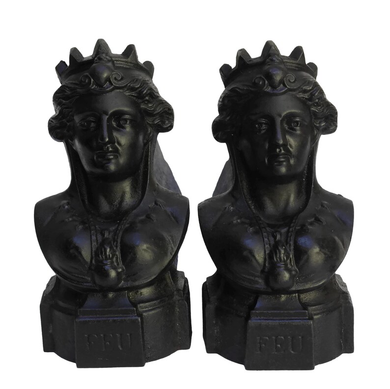 Cast Iron Queen Bust Andirons Antique French Figural Firedogs Etsy