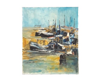 Harbor and Sailing Boats Painting, Original French Coastal Abstract Art