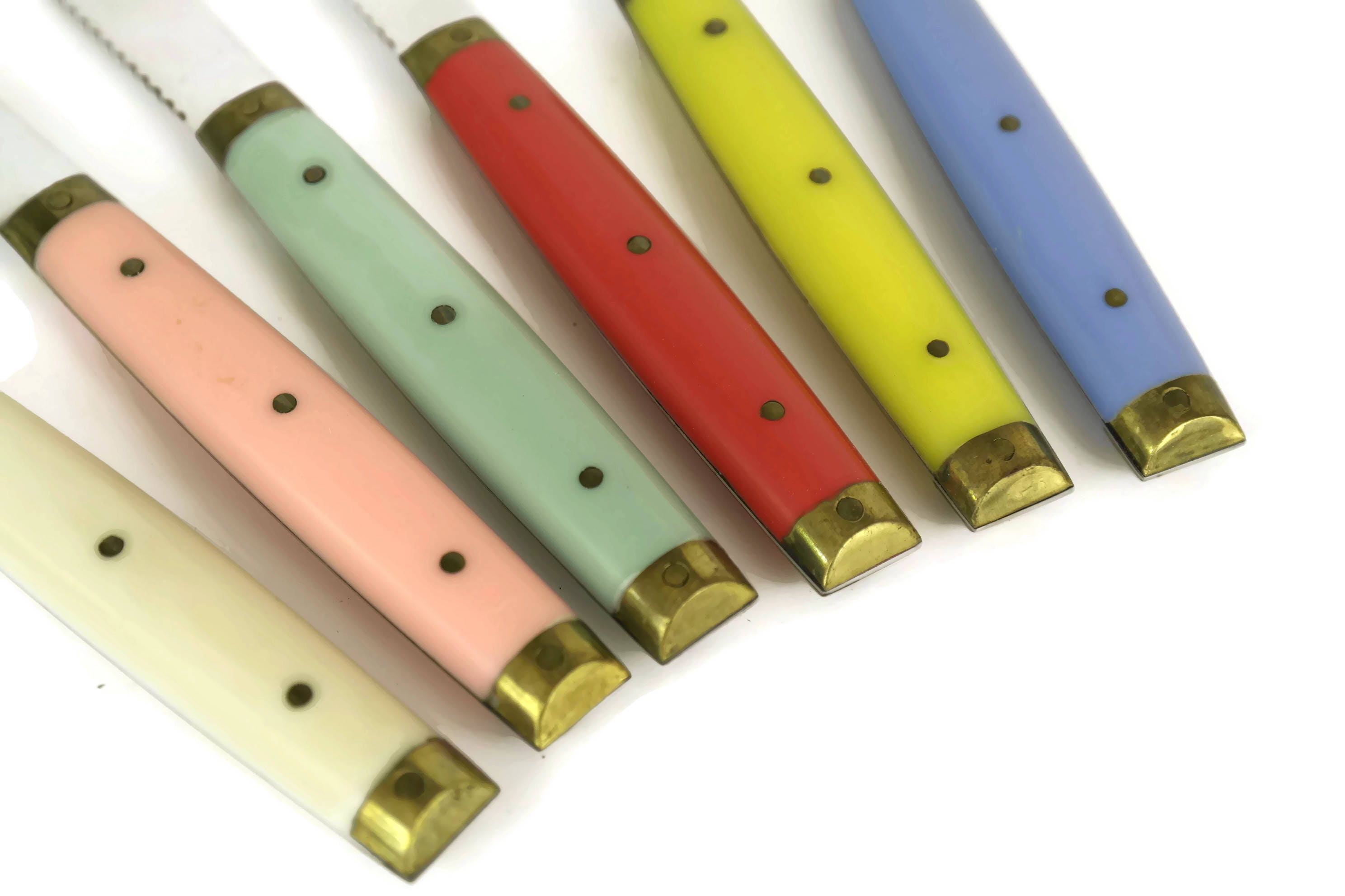 French Vintage Steak Knives with Rainbow Colored Handles.