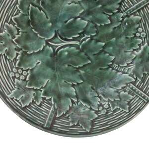French Green Majolica Plate with Grape Vine Leaf and Basket Weave Pattern by GIEN image 6