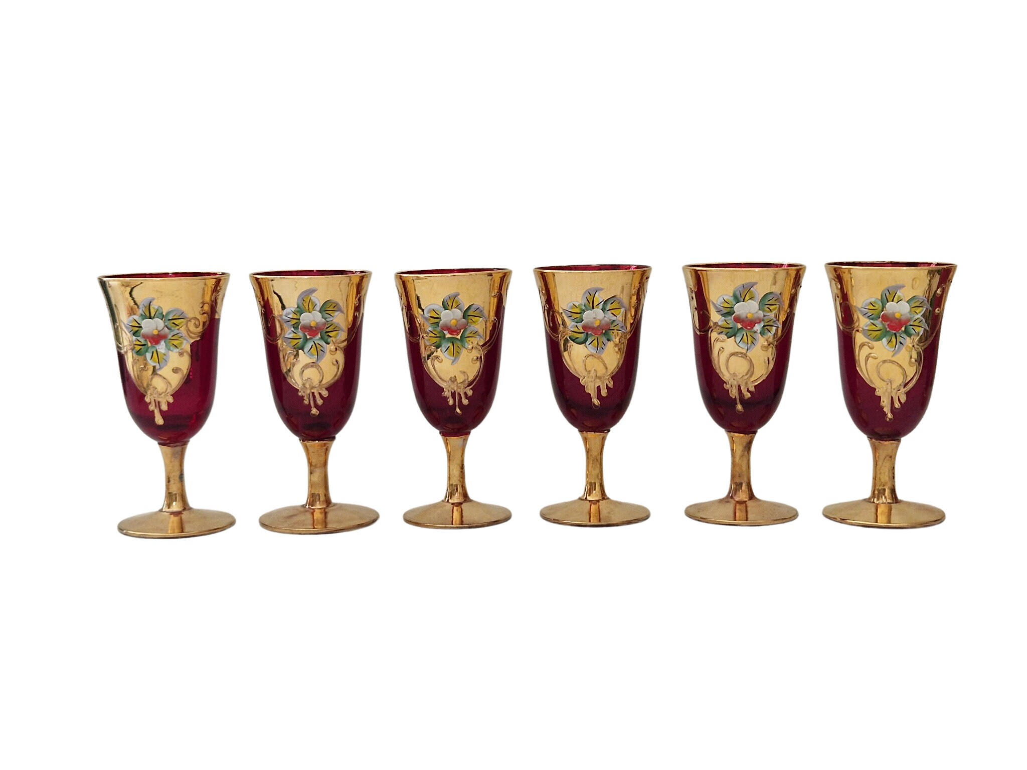 Murano Glass Decanter and 6 Glasses Set with 24K Gold and Flowers, Italian Bar Decor