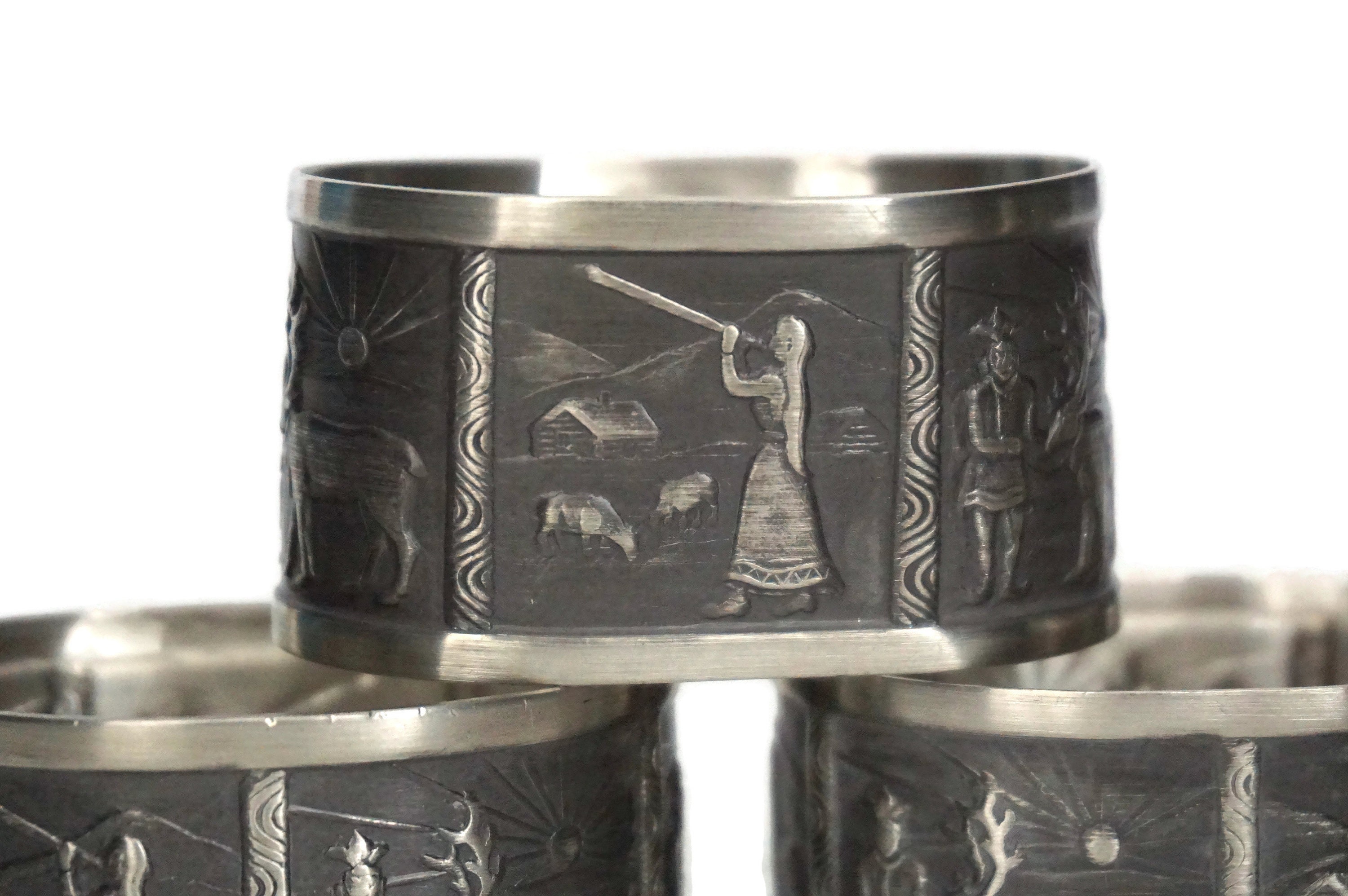 Pewter Napkin Ring Set of 4 with Scandinavian Folk Art Decor, Metal