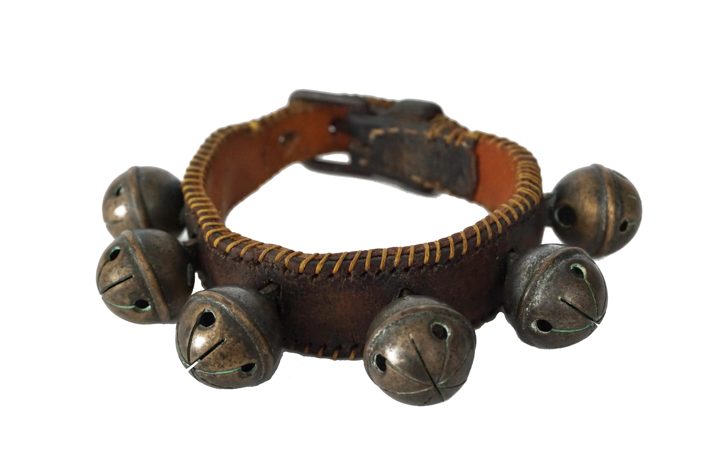Antique Brass Horse Sleigh Bells on Leather Strap, French Christmas Decor