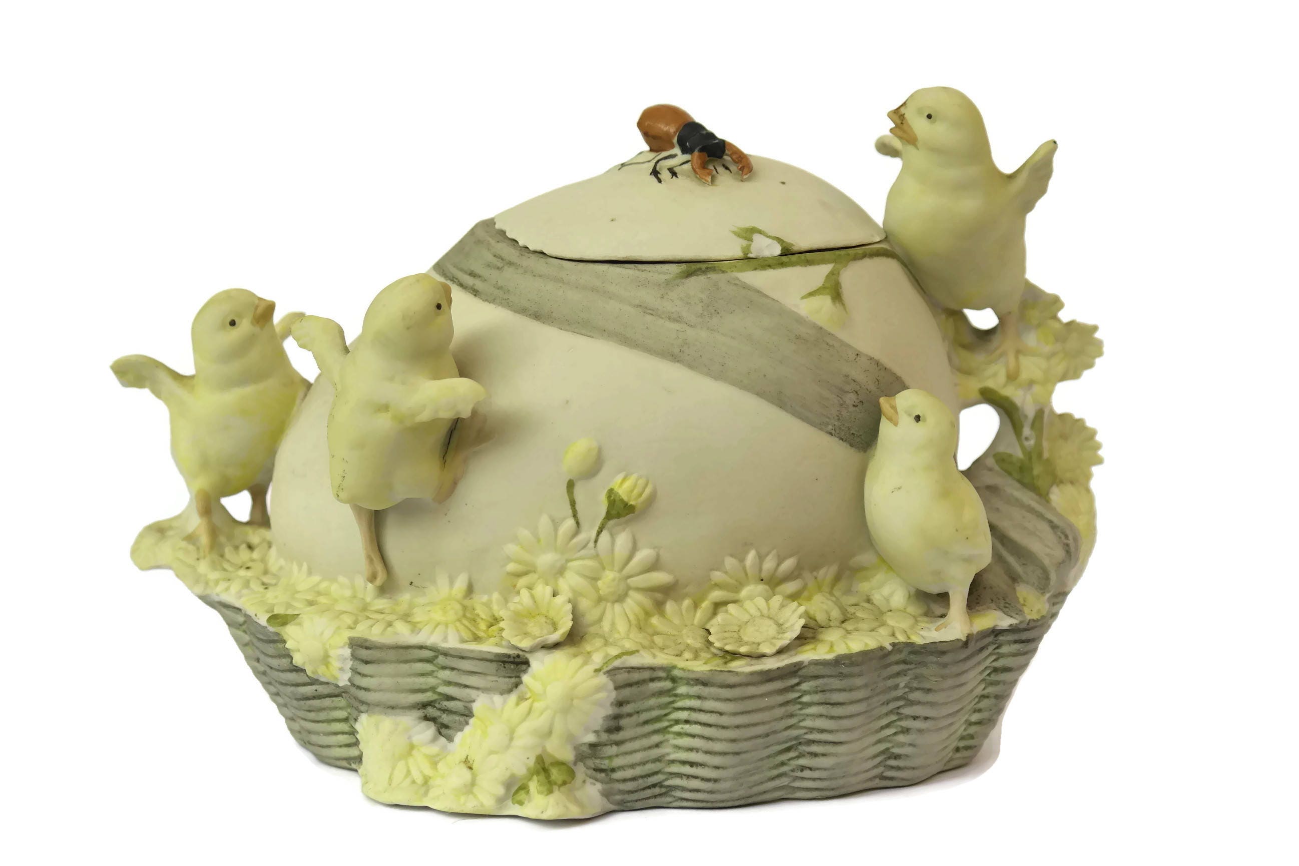 Porcelain Easter Egg Box with Chick Figures. Antique Bisque Trinket Box