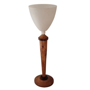 Art Deco Walnut Wood Table Lamp with Tulip Opaline Glass Shade, French Mazda Style Light image 3