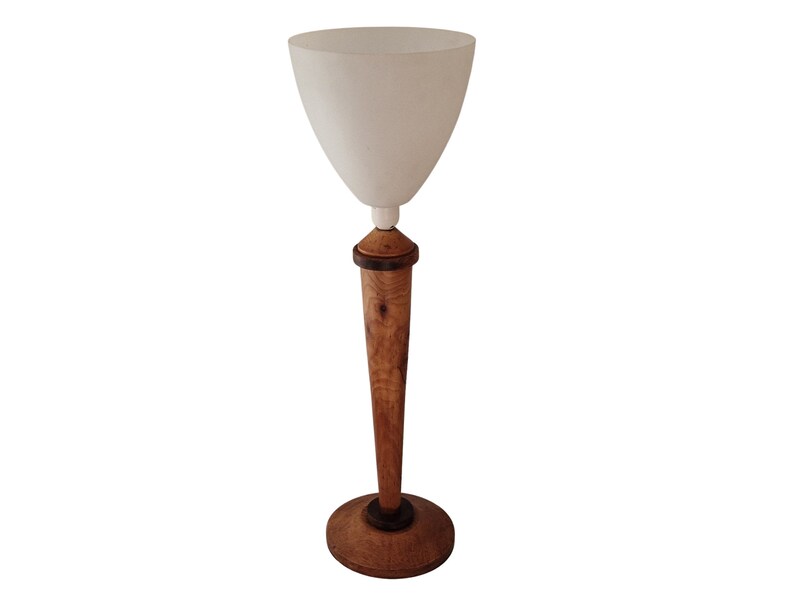 Art Deco Walnut Wood Table Lamp with Tulip Opaline Glass Shade, French Mazda Style Light image 3