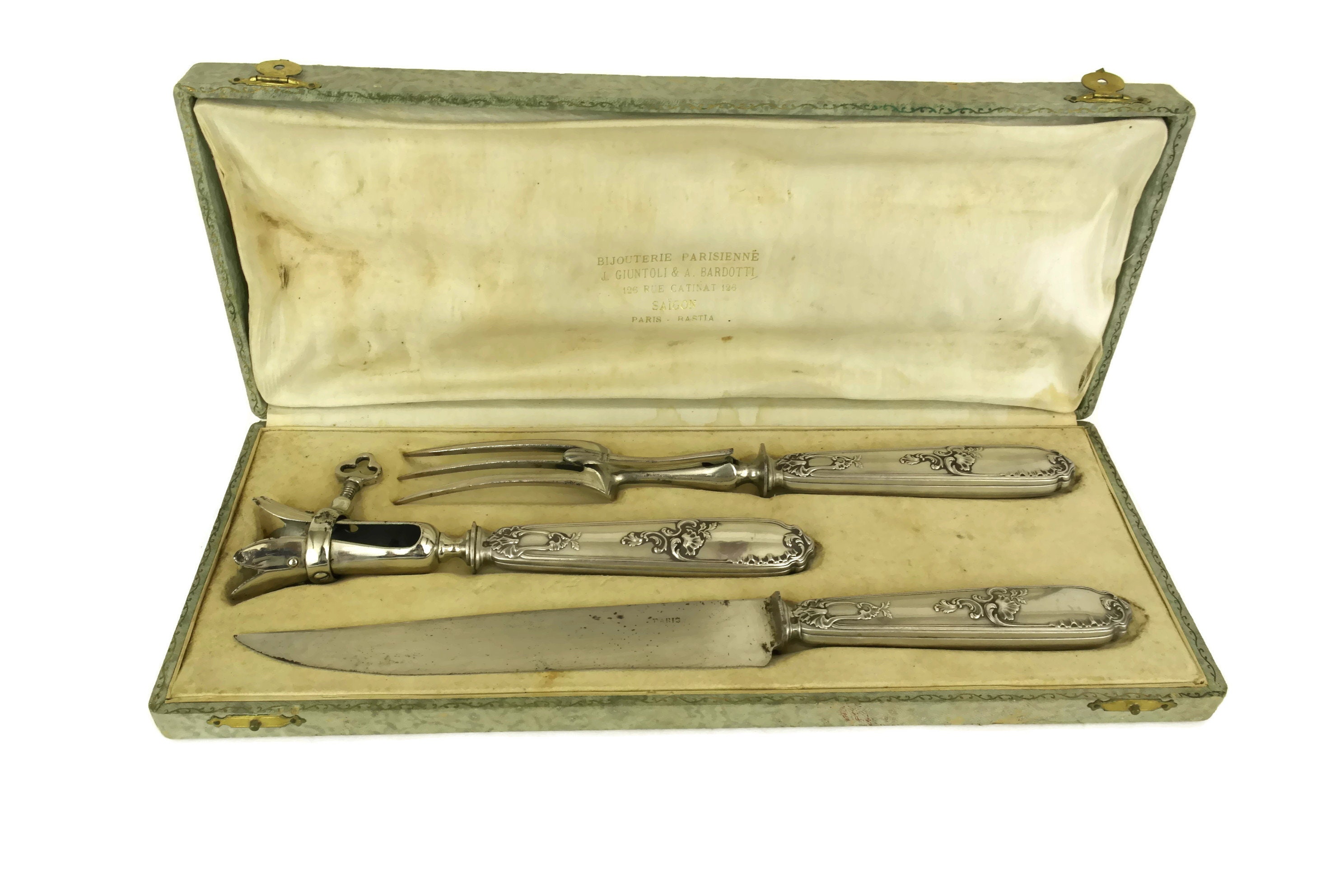 Antique Silver Carving Set with Knife, Fork and Roast Meat Clamp Bone