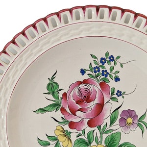 Hand Painted French Faience Plate with Roses and Lattice Cutwork Border, Country Kitchen Wall Hanging Decor image 7