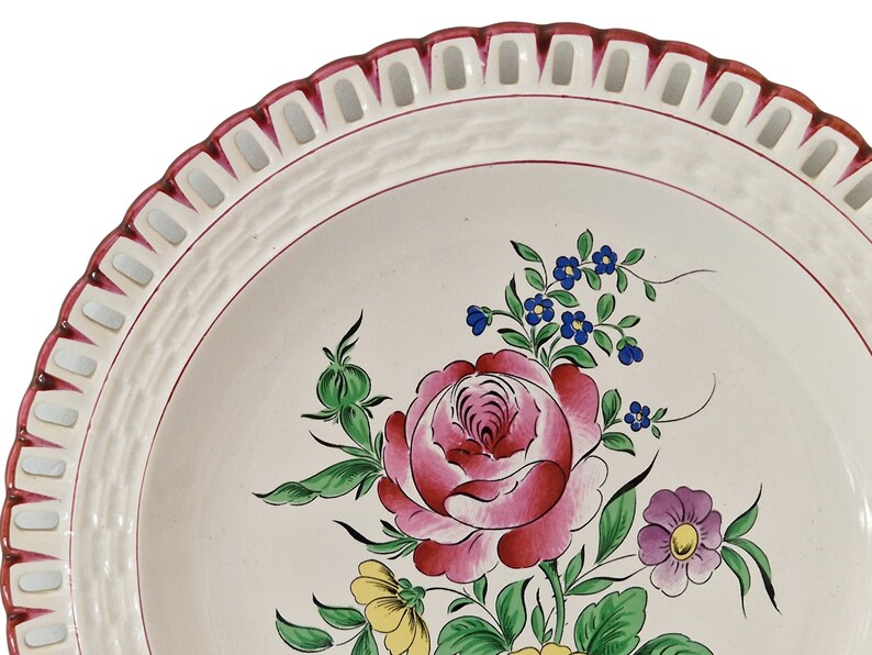 Hand Painted French Faience Plate with Roses and Lattice Cutwork Border, Country Kitchen Wall Hanging Decor image 7