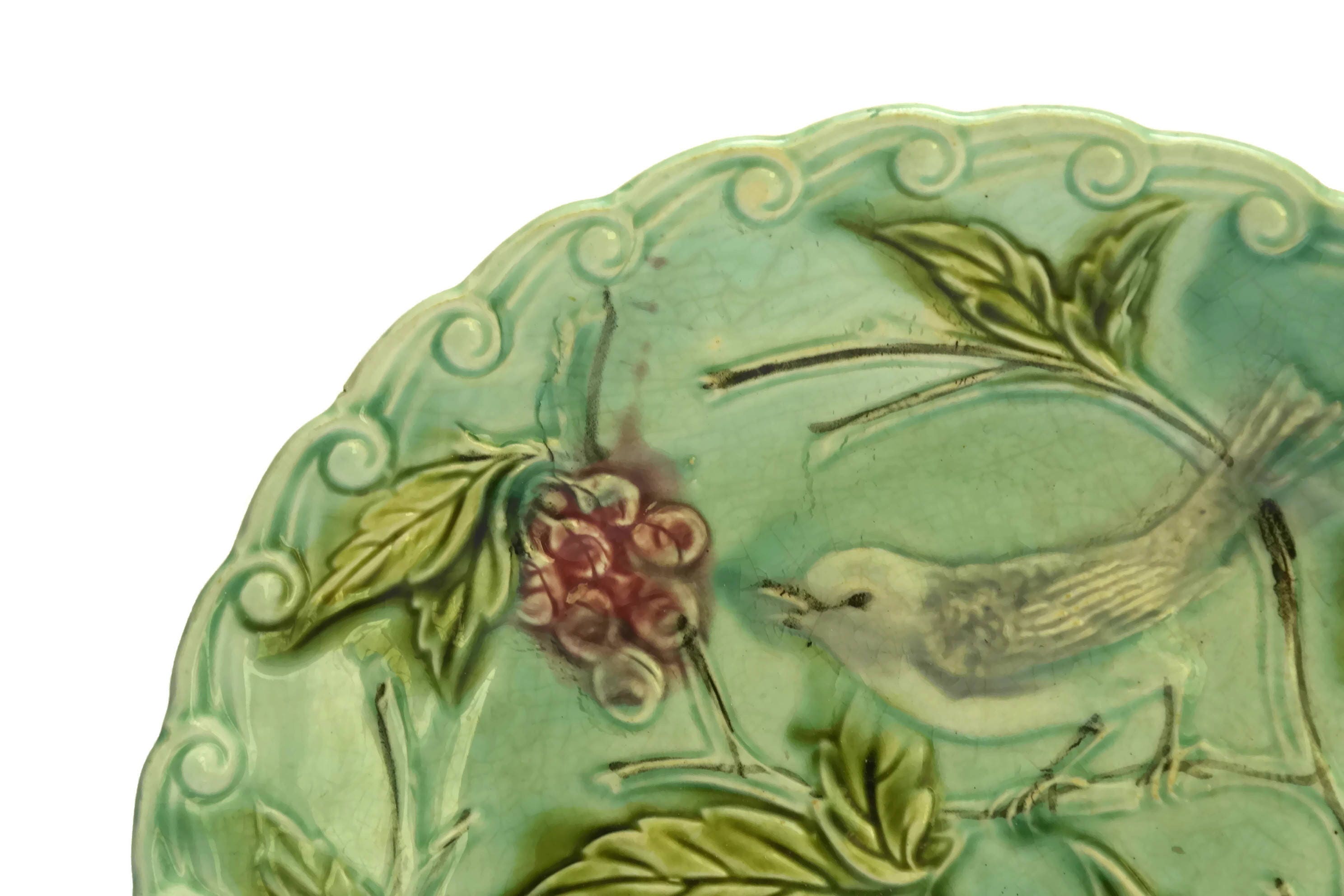 Majolica Bird Plate. Antique French Hand Decorated Ceramic Wall Plate