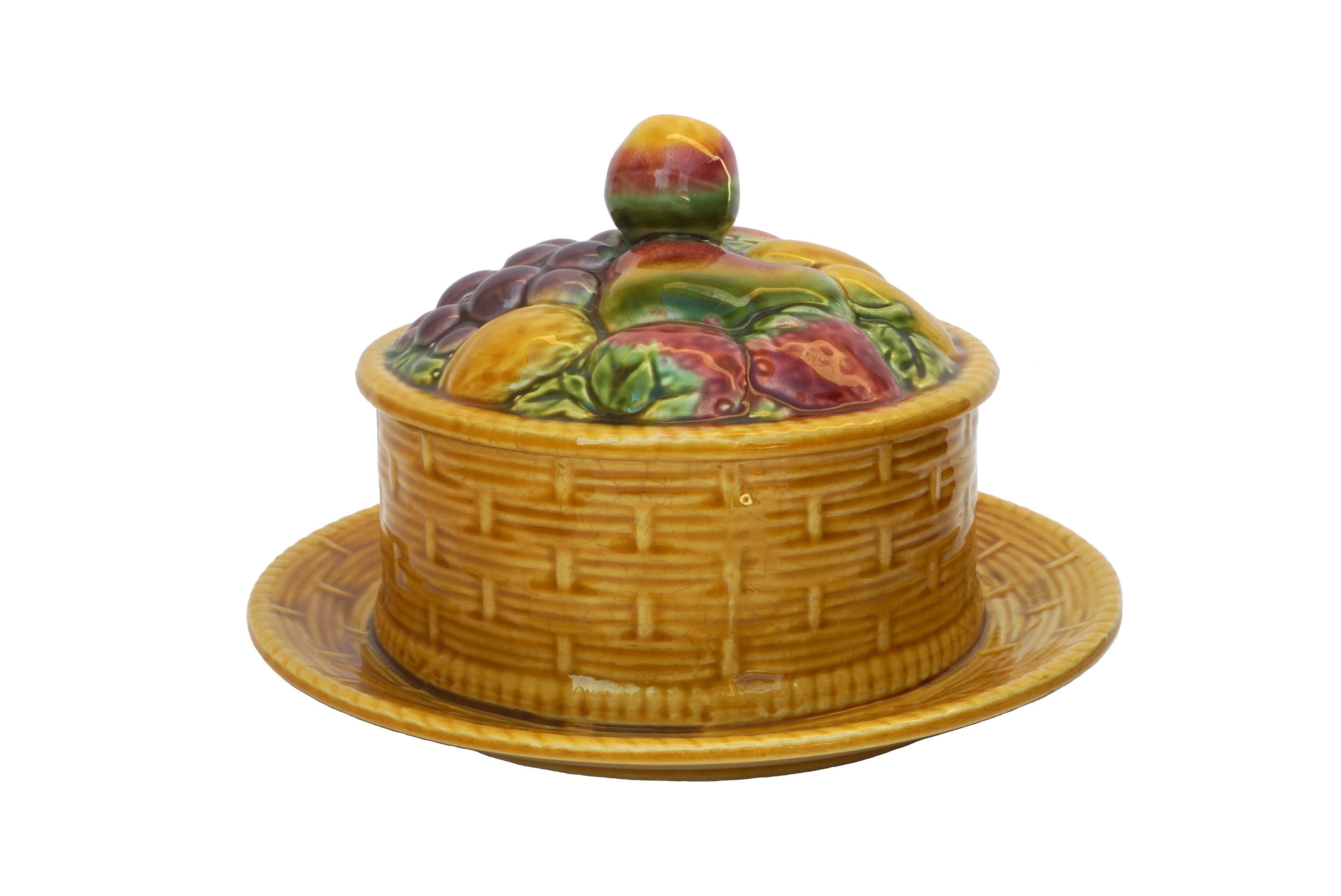 Antique Majolica Jam Pot, French Sarreguemines Ceramic Preserve Jelly Jar